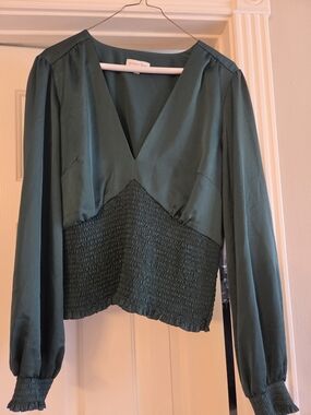 Gianni Bini Dark Teal V-Neck Smocked-Waist Blouse